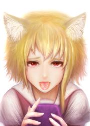 Rule 34 | 1girl, animal ear fluff, animal ears, asymmetrical hair, blonde hair, brown vest, commentary request, cookie (touhou), fox ears, fox girl, highres, holding, khn (kihana), looking at viewer, medium hair, miramikaru riran, open mouth, red eyes, saliva, shirt, sidelocks, simple background, solo, tongue, tongue out, upper body, vest, white shirt