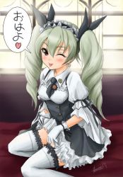 Rule 34 | 10s, 1girl, ;p, anchovy (girls und panzer), anchovy (girls und panzer), artist name, black dress, blouse, blush, dress, dress shirt, drill hair, earrings, frilled dress, frills, girls und panzer, gloves, green hair, hair ribbon, haruhata mutsuki, indoors, jewelry, long hair, looking at viewer, maid, maid headdress, one eye closed, petticoat, ribbon, shirt, signature, sitting, skirt hold, solo, thighhighs, tongue, tongue out, translated, twin drills, twintails, wariza, white gloves, white shirt, white thighhighs