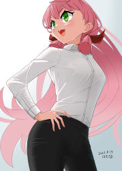 Rule 34 | 1girl, :d, absurdres, akashi (kancolle), artist name, black pants, blunt tresses, breasts, commentary request, cowboy shot, dated, dress shirt, gradient background, green eyes, hair between eyes, hair ribbon, hamukiyo, hand on own hip, highres, kantai collection, long hair, long sleeves, medium breasts, open mouth, pants, pink hair, ribbon, shirt, shirt tucked in, smile, solo, tress ribbon, very long hair, white shirt