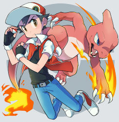 Rule 34 | 1boy, baseball cap, belt, belt buckle, black gloves, black hair, blue pants, bo9 (bo9 nc), brown eyes, buckle, buttons, charmeleon, claws, closed mouth, commentary request, creatures (company), fangs, fingerless gloves, fire, flame-tipped tail, frown, full body, game freak, gen 1 pokemon, gloves, hands up, hat, holding, holding poke ball, jacket, male focus, nintendo, open clothes, open jacket, open mouth, pants, poke ball, poke ball (basic), pokemon, pokemon (creature), pokemon rgby, red (pokemon), red headwear, shoes, short hair, short sleeves, spiked hair, tongue, white footwear