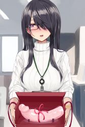 Rule 34 | 1girl, absurdres, akiamare, averting eyes, black hair, blush, box, breasts, dildo, glasses, hair over one eye, heart, heart-shaped pupils, highres, holding, holding box, indoors, large breasts, long hair, open mouth, original, purple eyes, red ribbon, ribbon, sex toy, solo, sweater, symbol-shaped pupils, textless version, turtleneck, turtleneck sweater, valentine, white sweater