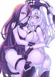 Rule 34 | 10s, 2girls, abyssal ship, ass, ass grab, bad id, bad pixiv id, bare shoulders, battleship princess, black dress, black hair, black legwear, blue eyes, bodysuit, breast press, breasts, cameltoe, cane, cleavage, colored skin, dress, glowing, glowing eyes, grin, hair between eyes, horns, kantai collection, long hair, looking at viewer, multiple girls, no panties, no pussy, open mouth, pale skin, pussy, red eyes, short dress, silver hair, skin-covered horns, smile, sw (2311550438), symmetrical docking, tentacles, thighhighs, thighs, very long hair, wavy hair, white legwear, white skin, wo-class aircraft carrier, worried, wrist cuffs, yuri