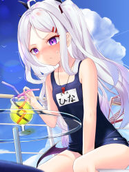 Rule 34 | 1girl, blue archive, blue one-piece swimsuit, blush, closed mouth, cloud, cloudy sky, drink, flat chest, frown, highres, hina (blue archive), hina (swimsuit) (blue archive), horns, humo, long hair, name tag, one-piece swimsuit, outdoors, purple eyes, school swimsuit, sitting, sky, solo, swimsuit, table, thighs, white hair