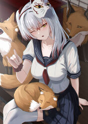 Rule 34 | 1girl, animal, animal on lap, black sailor collar, black skirt, breasts, colored tips, fox, fox mask, fox shadow puppet, grey hair, hair ornament, hair scrunchie, long hair, mask, mask on head, multicolored hair, neckerchief, on lap, one eye closed, original, pleated skirt, red hair, red neckerchief, red scrunchie, sailor collar, scrunchie, second-party source, shirt, sitting, skirt, thighhighs, wet, wet hair, white shirt, white thighhighs, wrist scrunchie, yamikyon, yellow eyes