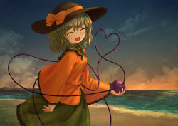 Rule 34 | 1girl, absurdres, arm at side, arm up, beach, black hat, closed eyes, cloud, collar, commentary, cowboy shot, ekaapetto, facing viewer, frilled shirt collar, frilled sleeves, frills, gradient sky, green collar, green hair, green skirt, hat, hat ribbon, heart, heart of string, highres, holding, horizon, komeiji koishi, long sleeves, mixed-language commentary, ocean, open mouth, outdoors, ribbon, shirt, short hair, skirt, sky, smile, solo, standing, sunset, third eye, touhou, wide sleeves, yellow shirt