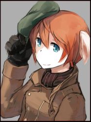 Rule 34 | 1girl, black border, black gloves, blue eyes, border, coat, gloves, grey background, hand on headwear, hat, isabelle du monceau de bergendal, long sleeves, noble witches, orange hair, scarf, shiraba (sonomama futene), short hair, silver background, smile, solo, strike witches, striped clothes, striped scarf, world witches series