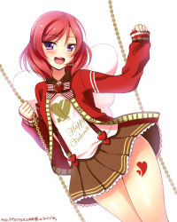 Rule 34 | 10s, 1girl, :d, blush, cowboy shot, dated, happy valentine, headset, heart, highres, looking at viewer, love live!, love live! school idol festival, love live! school idol project, nishikino maki, open mouth, purple eyes, red hair, short hair, simple background, skirt, sleeves past wrists, smile, solo, suspenders, valentine, white background, yu-ta