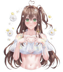 Rule 34 | 1girl, abs, ahoge, bikini, blurry, blush, bokeh, bracelet, breasts, brown hair, cleavage, closed mouth, collarbone, commentary, depth of field, floating hair, floral background, flower, frown, green eyes, hair between eyes, hair flower, hair ornament, heart, heart ahoge, heart hands, highres, jewelry, long hair, looking at viewer, medium breasts, messy hair, navel, one side up, original, see-through, simple background, solo, sparkle, swimsuit, symbol-only commentary, unjem, upper body, wavy hair, white background, white bikini, wind