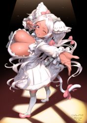 Rule 34 | 1girl, ;), absurdres, blush, bow, breasts, cat tail, cleavage cutout, clothing cutout, dress, fur-trimmed dress, fur trim, grin, hair ornament, herio, high heels, highres, huge breasts, indie virtual youtuber, kneehighs, long hair, looking at viewer, mole, mole on breast, nekobuki kemuri, one eye closed, outstretched arm, parted bangs, pink footwear, sidelocks, smile, socks, solo, tail, tail bow, tail ornament, two side up, virtual youtuber, w, white dress, white socks
