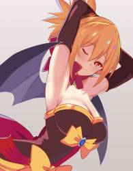 Rule 34 | 1girl, ;), arito arayuru, armpits, arms behind head, arms up, black gloves, black wings, blonde hair, blush, bow, breasts, bright pupils, cleavage, closed mouth, demon girl, demon wings, detached collar, disgaea, dutch angle, elbow gloves, gloves, grey background, large breasts, looking at viewer, makai senki disgaea, one eye closed, red eyes, rozalin, seductive smile, short hair, short ponytail, simple background, smile, solo, strapless, wings, yellow bow