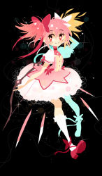 Rule 34 | 1girl, ankle ribbon, arm behind head, arm up, black background, bobby socks, bow (weapon), bubble skirt, buttons, center frills, choker, closed mouth, colorful, cross-laced footwear, eyelashes, facing viewer, flat chest, flower-shaped pupils, frilled sleeves, frills, full body, glint, hair between eyes, hair ribbon, holding, holding bow (weapon), holding weapon, kaname madoka, leg ribbon, legs apart, light blush, light particles, long eyelashes, mahou shoujo madoka magica, no nose, pink eyes, pink hair, polka dot, polka dot background, polka dot skirt, projecttiger, puffy short sleeves, puffy sleeves, red choker, red footwear, red ribbon, ribbon, shoes, short sleeves, sideways glance, simple background, skirt, smile, socks, solo, soul gem, sparkle, sparkle background, symbol-shaped pupils, twintails, weapon, white skirt, white socks
