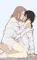 Rule 34 | 2girls, aqua eyes, arm support, bare legs, bare shoulders, barefoot, black hair, blue background, blue shirt, blush, brown eyes, brown hair, commentary request, dark-skinned female, dark skin, french kiss, from side, hand on another&#039;s head, hand on another&#039;s neck, iceky, kiss, long hair, long sleeves, low ponytail, medium hair, multiple girls, naked shirt, no pants, off shoulder, original, profile, saliva, scar, scar on arm, scar on face, scar on forehead, shirt, simple background, straddling, upright straddle, yuri
