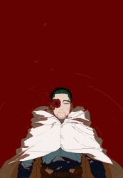 Rule 34 | 1boy, ambiguous red liquid, belt, black hair, blue jacket, brown belt, buttons, cape, closed eyes, closed mouth, collared jacket, commentary request, facial hair, facial scar, facing viewer, flower, from above, galeblack, golden kamuy, hair slicked back, highres, hood, hood down, hooded cape, imperial japanese army, jacket, korean commentary, leather belt, long sleeves, lying, male focus, military, military uniform, ogata hyakunosuke, on back, one eye covered, petals, petals on liquid, red flower, scar, scar on cheek, scar on face, short hair, simple background, solo, stubble, undercut, uniform, upper body, white cape