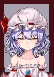 Rule 34 | 1girl, adapted costume, bare shoulders, bat wings, border, bow, brooch, closed mouth, collarbone, crying, crying with eyes open, dress, dripping, ei tantan, flat chest, frown, glaring, grey background, hair between eyes, half-closed eyes, hat, hat bow, highres, jewelry, long hair, low wings, mob cap, off-shoulder dress, off shoulder, outside border, purple hair, red border, red bow, remilia scarlet, simple background, solo, tears, touhou, upper body, v-shaped eyebrows, white hat, wings