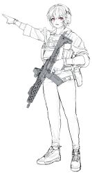 Rule 34 | 1girl, absurdres, alma01, assault rifle, belt, blush, body armor, denim, earmuffs, earphones, eotech, fang, fangs, gloves, gun, handgun, highres, holding, holding gun, holding weapon, holster, jeans, laser sight, magazine (weapon), military, monochrome, open mouth, original, pants, bulletproof vest, pointing, radio, rifle, shoes, short hair, sleeves rolled up, sneakers, solo, weapon, yellow eyes
