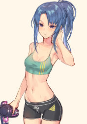 Rule 34 | 1girl, alice gear aegis, arm up, armpits, beige background, bike shorts, blue hair, bottle, breasts, cowboy shot, crop top, highres, long hair, midriff, navel, parted bangs, parted lips, ponytail, purple eyes, sidelocks, sigm@, simple background, sketch, small breasts, solo, sweat, takanashi rei, water bottle