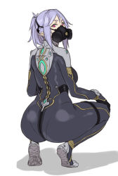 Rule 34 | 1girl, ass, breasts, full body, gas mask, hair between eyes, hand on own knee, houtengeki, long hair, looking at viewer, looking back, mask, original, oxygen mask, pointy ears, ponytail, purple hair, red eyes, shadow, sidelocks, simple background, skin tight, solo, squatting, swimsuit, thigh strap, white background