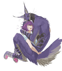 Rule 34 | 1girl, 1other, absurdres, anger vein, animal ears, animal feet, black tongue, blue shirt, body fur, carrying, carrying person, closed eyes, colored teeth, cropped legs, digitigrade, full body, furrowed brow, furry, hand on another&#039;s head, hands up, highres, leviair, licking, licking another&#039;s head, open mouth, original, purple fur, purple hair, shirt, short hair, short sleeves, simple background, tail, tongue, tongue out, whiskers, white background