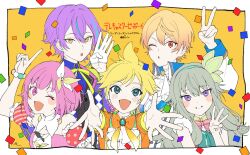 Rule 34 | 2girls, 3boys, :d, ascot, bead bracelet, beads, blonde hair, blue eyes, blush, blush stickers, bow, bowtie, bracelet, commentary, confetti, gloves, gradient bowtie, green hair, green hairband, green vest, hairband, highres, index finger raised, jewelry, kagamine len, kamishiro rui, kusanagi nene, looking at viewer, middle w, multiple boys, multiple girls, neck ribbon, one eye closed, ootori emu, open mouth, orange bow, orange bowtie, outside border, outstretched arms, pink bow, pink bowtie, project sekai, purple eyes, purple hair, ribbon, ryou (rl), smile, song name, telecaster b-boy (vocaloid), tenma tsukasa, upper body, v, vest, vocaloid, w, white ascot, white gloves, wonderlands x showtime (project sekai), wonderlands x showtime len, yellow background, yellow eyes, yellow ribbon