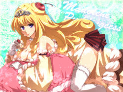 Rule 34 | 1girl, blonde hair, breasts, cake, character name, cleavage, crown, doily, dress, duel monster, food, food on body, food on face, fruit, garter straps, gloves, large breasts, madolche, madolche puddingcess, mugicha (sukimachaya), purple eyes, solo, star (symbol), strawberry, thighhighs, tongue, tongue out, white gloves, yu-gi-oh!, yuu-gi-ou, yu-gi-oh! duel monsters