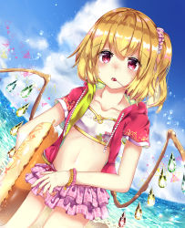 Rule 34 | 1girl, absurdres, alternate costume, bad id, bad pixiv id, beach, candy, chestnut mouth, cloud, collarbone, cowboy shot, crystal, dutch angle, flandre scarlet, food, food in mouth, frilled skirt, frills, hair ornament, hair scrunchie, highres, holding, holding swim ring, hood, hoodie, innertube, lollipop, looking at viewer, midriff, miniskirt, navel, no headwear, ocean, one side up, open clothes, open hoodie, open mouth, outdoors, plaid, plaid skirt, red eyes, scrunchie, short hair, short sleeves, side ponytail, skirt, sky, solo, strapless, swim ring, thighs, toku kekakewanko, touhou, tube top, wings, wrist scrunchie, wristband