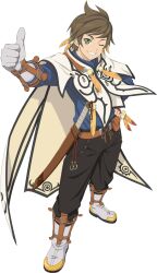 Rule 34 | 1boy, boots, brown hair, commentary, english commentary, feathers, full body, gloves, green eyes, hand on own hip, highres, male focus, official art, one eye closed, pants, single glove, smile, solo, sorey (tales), tales of (series), tales of asteria, tales of zestiria, thumbs up, transparent background