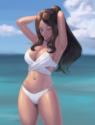 Rule 34 | 1girl, alternate costume, armpits, arms behind head, arms up, bare shoulders, bikini, blue eyes, blue sky, blush, breasts, brown hair, cleavage, closed mouth, fate/grand order, fate (series), forehead, highres, large breasts, leonardo da vinci (fate), long hair, looking at viewer, navel, ocean, one eye closed, parted bangs, ponytail, ranma (kamenrideroz), sky, smile, swimsuit, thighs, white bikini