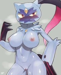 Rule 34 | 1girl, absurdres, blush, breasts, claws, creatures (company), fang, furry, furry female, game freak, highres, large breasts, multicolored fur, navel, nintendo, nipples, nude, pokemon, pokemon (creature), purple fur, pussy, red eyes, shourin bonzu, sneasler, uncensored