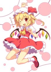 Rule 34 | 1girl, ;p, ascot, blonde hair, blush, embodiment of scarlet devil, fang, female focus, flandre scarlet, hat, jumping, loafers, one eye closed, open mouth, pointing, pointing up, red eyes, shoes, side ponytail, skirt, smile, socks, solo, tongue, tongue out, touhou, white socks, wings, wink, yamasan