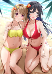 Rule 34 | 2girls, :d, absurdres, arm support, bare arms, bare legs, bare shoulders, barefoot, beach, bikini, black eyes, black hair, blush, breasts, brown hair, cleavage, closed mouth, collarbone, commentary request, day, feet out of frame, flower, from above, front-tie bikini top, front-tie top, hair flower, hair ornament, hand on own chest, highres, kitaku (nakamachi machi), large breasts, layered bikini, long hair, looking at viewer, love live!, love live! nijigasaki high school idol club, love live! school idol project, multi-strapped bikini, multiple girls, nakasu kasumi, navel, on ground, open mouth, outdoors, purple eyes, red bikini, red flower, red ribbon, ribbon, round teeth, short hair, side-tie bikini bottom, sitting, small breasts, smile, stomach, swimsuit, teeth, upper teeth only, very long hair, water, wristband, x hair ornament, yellow bikini, yellow flower, yokozuwari, yuki setsuna (love live!)