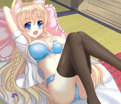 Rule 34 | 1girl, :d, :s, animal ear fluff, animal ears, arm up, black thighhighs, blue bra, blue eyes, blue panties, blush, bra, braid, breasts, fangs, fox ears, fox tail, frilled pillow, frills, highres, lace, lace-trimmed bra, lace-trimmed panties, lace trim, large breasts, looking at viewer, lying, on back, open mouth, original, panties, pillow, single braid, skirt, unworn skirt, smile, sogaya, solo, tail, tareme, tatami, thighhighs, underwear