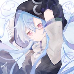 Rule 34 | 1boy, ambience synesthesia, arknights, arm behind head, arm up, arms up, black gloves, black vest, blue background, blue hair, closed mouth, floating hair, gloves, hair between eyes, hair ornament, hairclip, highres, hood, hood up, hooded vest, hoodie, jellyfish, long hair, looking at viewer, male focus, mizuki (arknights), red eyes, shirt, short sleeves, solo, ssangzi, turtleneck, very long hair, vest, white shirt, x hair ornament