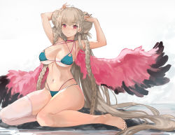 Rule 34 | 1girl, absurdly long hair, ahoge, aqua bikini, armpits, arms up, azur lane, barefoot, bikini, bkko, black nails, blush, breasts, cleavage, double bun, earrings, feathered wings, formidable (azur lane), formidable (the lady of the beach) (azur lane), full body, hair bun, highres, jewelry, large breasts, long hair, looking at viewer, multi-strapped bikini bottom, multi-strapped bikini top, nail polish, navel, official alternate costume, outdoors, red eyes, ribbon, rock, sidelocks, single thighhigh, sitting, skindentation, smile, solo, stomach, swimsuit, thighhighs, thighs, toenail polish, toenails, very long hair, wariza, white thighhighs, wings