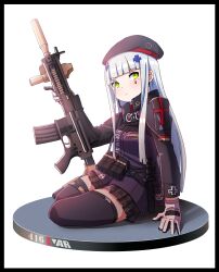 Rule 34 | 1girl, arm support, assault rifle, beret, black border, black hat, black skirt, black thighhighs, blunt bangs, blush, border, breasts, closed mouth, commentary request, cross, facial mark, girls&#039; frontline, gloves, green eyes, grey gloves, grey hair, gun, h&amp;k hk416, hair ornament, hat, highres, hk416 (girls&#039; frontline), holding, holding gun, holding weapon, iron cross, jacket, kuro kosyou, long hair, looking at viewer, name connection, object namesake, plaid, plaid skirt, pleated skirt, purple jacket, rifle, simple background, skirt, small breasts, solo, thighhighs, very long hair, weapon, white background