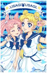 Rule 34 | 2girls, absurdres, artist name, bead bracelet, beads, belt, bishoujo senshi sailor moon, blonde hair, blue eyes, blue sailor collar, border, bow, bracelet, brooch, bunny ears prank, cellphone, charm (object), chibi usa, collarbone, cone hair bun, crescent, double bun, dress, earrings, female focus, hair bow, hair bun, heart, heart brooch, highres, jewelry, long hair, looking at viewer, mother and daughter, multiple girls, one eye closed, phone, pink hair, red eyes, sailor collar, sailor dress, selfie, smartphone, smartphone case, smile, striped, striped background, tongue, tongue out, triangle, tsukino usagi, twintails, v, white border, zombiedaisuke