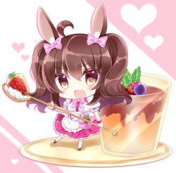 Rule 34 | 1girl, ahoge, animal ears, apron, bad id, bad pixiv id, black footwear, bow, breasts, brown eyes, brown hair, chibi, commentary request, food, frilled apron, frills, fruit, full body, hair between eyes, hair bow, heart, highres, holding, holding spoon, kneehighs, mini person, minigirl, original, pink background, pink bow, pudding, puffy short sleeves, puffy sleeves, purple skirt, rabbit ears, shikito (yawa0w0), shirt, shoes, short sleeves, skirt, small breasts, socks, solo, sparkle, spoon, standing, standing on one leg, strawberry, two-tone background, two side up, waist apron, white apron, white background, white shirt, white socks