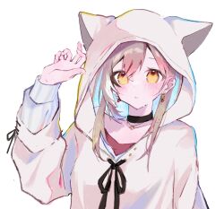 Rule 34 | 1girl, animal hood, arm up, berry, black choker, brown hair, brown hoodie, choker, colored inner hair, crossed bangs, earrings, ears through headwear, food-themed earrings, highres, hololive, hololive english, hood, hood up, hoodie, jewelry, long hair, looking at viewer, multicolored hair, nail art, nakonako3324, nanashi mumei, nanashi mumei (casual), necklace, official alternate costume, oversized clothes, parted lips, red shirt, shirt, streaked hair, sweater, virtual youtuber, white sweater, yellow eyes