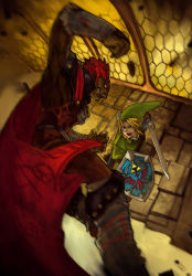 Rule 34 | 2boys, battle, blonde hair, blue eyes, cape, epic, ganondorf, holding, holding sword, holding weapon, hylian shield, lack, link, male focus, master sword, motion blur, multiple boys, nintendo, pointy ears, shield, sword, the legend of zelda, the legend of zelda: ocarina of time, weapon