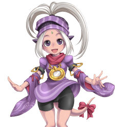 Rule 34 | 1girl, ar tonelico, ar tonelico i, bike shorts, bow, cameltoe, detached sleeves, female focus, forehead jewel, funnyari, horns, jewelry, looking at viewer, lyra ross reitel, necklace, open mouth, ponytail, purple eyes, red bow, simple background, solo, tail, tail bow, tail ornament, thigh gap, white background, white hair, wide sleeves