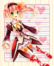 Rule 34 | 1girl, :d, alfa system, blonde hair, bow, dress, footwear ribbon, full body, gradient hair, green eyes, hair ornament, hairband, happy, heart, kanonno grassvalley, leaf, leaf hair ornament, multicolored hair, open mouth, pink hair, ribbon, runako, shoes, short hair, side ponytail, smile, solo, tales of (series), tales of the world radiant mythology 3, thighhighs, white thighhighs, yellow bow