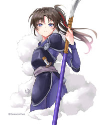 Rule 34 | 1girl, absurdres, armor, blue eyes, brown hair, cowboy shot, damucochan, elbow pads, fur, han&#039;you no yashahime, highres, holding, holding weapon, inuyasha, japanese clothes, long hair, long sleeves, looking at viewer, multicolored hair, naginata, pants, parted lips, pauldrons, polearm, sash, setsuna (inuyasha), short sword, shoulder armor, side ponytail, sidelocks, solo, streaked hair, sword, two-tone hair, weapon, white background