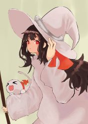 Rule 34 | 1girl, absurdres, aouri cp, black hair, borrowed character, creature, expressionless, gregor (tsurunoka), hand up, hat, highres, holding, lead white (tsurunoka), long hair, long sleeves, looking at viewer, original, red eyes, red ribbon, ribbon, simple background, solo, tan background, upper body, white hat, witch hat