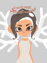 Rule 34 | 1girl, bare shoulders, black hair, bodysuit, closed mouth, coral, fish, flat chest, flat color, grey background, grey bodysuit, grey choker, grey eyes, highres, looking at viewer, medium hair, nintendo, no lineart, octoling, octoling girl, octoling player character, pantylines, school of fish, shadow, simple background, sleeveless, sleeveless bodysuit, solo, splatoon (series), splatoon 3, splatoon 3: side order, splatoon under, straight-on, suction cups, tentacle hair