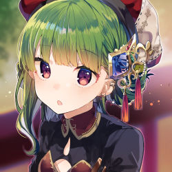 Rule 34 | 1girl, bad id, bad pixiv id, blunt bangs, blush, chestnut mouth, cleavage cutout, clothing cutout, commentary request, earrings, fleur-de-lis, gold trim, green hair, hair ornament, hat, highres, ikeuchi tanuma, jewelry, long hair, looking at viewer, original, purple eyes, solo, standing, upper body