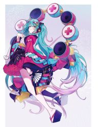 Rule 34 | 1girl, :3, absurdres, aqua eyes, aqua hair, black skirt, black thighhighs, cherry blossom print, commentary, drum, fireworks, floral print, folding fan, frilled skirt, frills, from below, from side, full body, hair ornament, hairclip, half-closed eyes, hand fan, hand on own chest, hatsune miku, headphones, headset, highres, holding, holding fan, instrument, japanese clothes, kimono, long hair, looking at viewer, magical mirai (vocaloid), magical mirai miku, magical mirai miku (2020 summer), miniskirt, pink sleeves, platform clogs, sandals, shigupon, single thighhigh, skirt, smile, solo, speaker, thighhighs, twintails, very long hair, vocaloid, wide sleeves, yukata, zouri