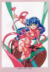 Rule 34 | 1girl, aqua ribbon, arm up, barefoot, blue hair, border, box, candy, chocolate, chocolate heart, covered erect nipples, earrings, food, full body, gift, gift box, gotou keiji, green eyes, heart, heart-shaped box, heart earrings, highres, jewelry, long hair, naked ribbon, navel, non-web source, open mouth, original, pink border, pink ribbon, ribbon, solo, toes, valentine