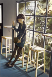 Rule 34 | 1girl, azling, black footwear, blazer, blue skirt, book, cloth, cup, highres, holding, holding book, indoors, jacket, leaf, light, loafers, long sleeves, looking down, original, pantyhose, school uniform, shoes, skirt, solo, stool, table, tree, window, wooden stool, yellow eyes