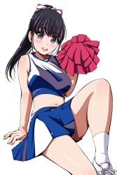 Rule 34 | 1girl, :d, arm at side, arm support, black hair, blue skirt, blush, bow, breasts, cheerleader, footwear ribbon, grey eyes, hair bow, highres, holding, long hair, looking at viewer, matsunaga kouyou, medium breasts, navel, open mouth, original, pom pom (cheerleading), ponytail, ribbon, round teeth, shiny skin, shoes, sitting, skirt, sleeveless, smile, sneakers, socks, solo, stomach, striped, striped bow, teeth, white footwear, white ribbon, white socks
