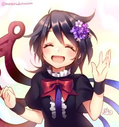 Rule 34 | 1girl, ^ ^, asymmetrical wings, black dress, black hair, blush, bow, closed eyes, dress, flower, gradient background, hair flower, hair ornament, happy, highres, houjuu nue, looking at viewer, masaru.jp, open mouth, short hair, short sleeves, simple background, smile, solo, touhou, twitter username, upper body, wings, wristband