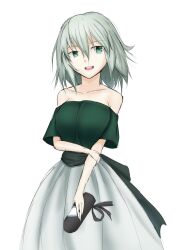 Rule 34 | 1girl, bare shoulders, breasts, collarbone, commentary, gnlo, green eyes, green shirt, green skirt, grey hair, hat, highres, holding, holding clothes, holding hat, holding own arm, large breasts, looking at viewer, open mouth, shirt, short hair, simple background, skirt, soga no tojiko, solo, tate eboshi, teeth, touhou, unworn hat, unworn headwear, upper teeth only, white background